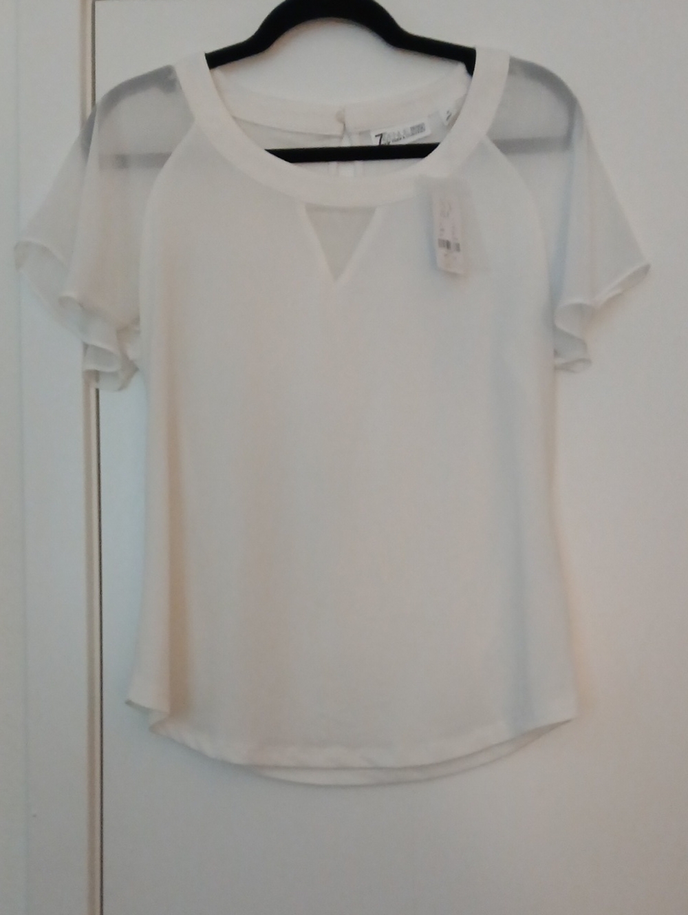 New York & Company White Short Sleeve Sheer Yoke Blouse